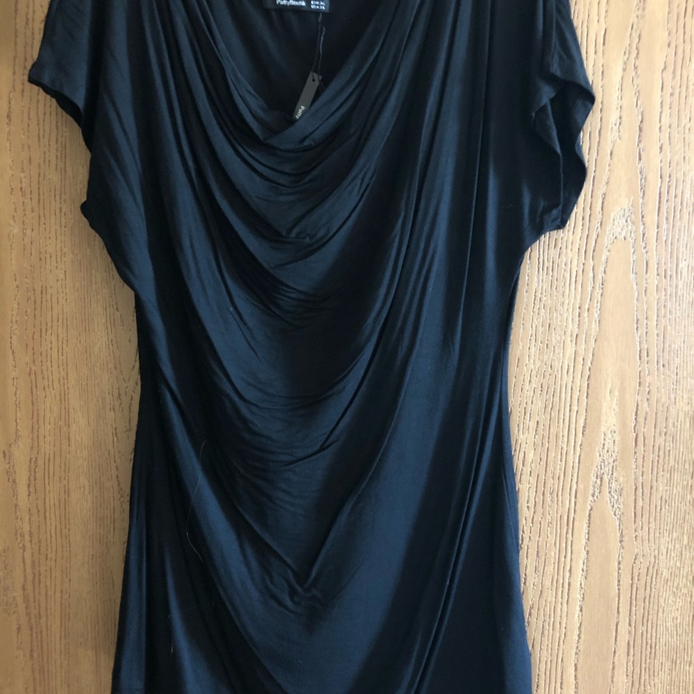 Short sleeve black scoop neck top.  Rayon/spandex.